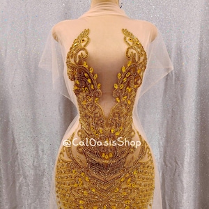 Stunning Gold Rhinestone Beaded Applique Front for Birthday Dress Design, Wedding Gown Bridal Dress Accessories, Crystal Applique Patch