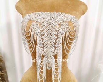 Crystal Fringe Lace Applique: White Rhinestone Beaded Bodice Patch, Wedding Evening Gown Sew On Embellishment