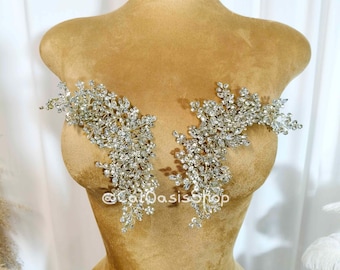 3D Rhinestone Applique Pair: Silver Crystal Wire Wedding Embellishment / Dress DIY