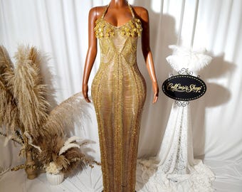 Gold Rhinestone Fringe Embellished Halter Maxi Dress - Etsy