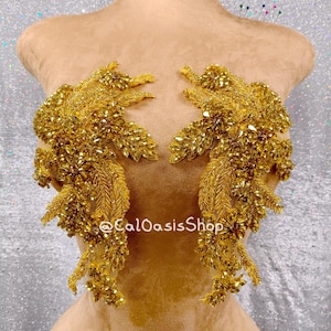 A Pari Sparkly Gold Crystal Rhinestone Appliqué Bodice for Wedding Dress, Beads Rhinestone Applique Patch for Birthday Ball Gown Party Dress