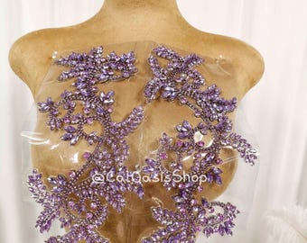Long Rhinestone Vine Applique: Light Purple Crystal Leaf Patch, Wedding Gown DIY Trim, Iron on Applique
