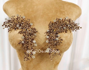 3D Rhinestone Applique Pair: Brown Crystal Wire Wedding Embellishment