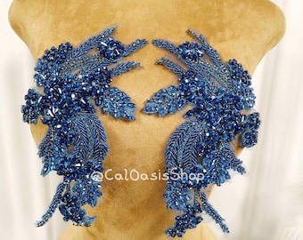 Luxury Light Blue Rhinestone Applique Bodice Patch Pair: Beaded Crystal Appliques Front for Dress