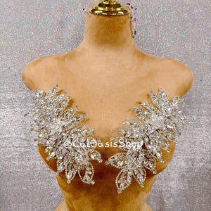 May include: A tan mannequin bust displays two silver crystal applique designs. Each applique is a floral arrangement of clear crystals. The text "@CatoasisShop" is visible on the bust.