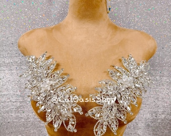3D Silver Leaf Flower Rhinestone Applique Pair: Crystal Wedding Hair Embellishment, Dress DIY
