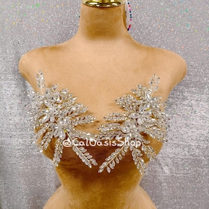 Puede incluir: Un corpiño plateado adornado con cristales y detalles en forma de hojas. El diseño presenta un motivo floral central con acentos de cristal radiantes y delicados patrones de hojas. El corpiño se exhibe en un maniquí beige.