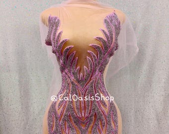 Beaded Light Purple Rhinestone Sequin Mesh Bodice Applique Front, Beads Rhinestone Applique Patch for Birthday Ball Gown Prom Evening  Dress