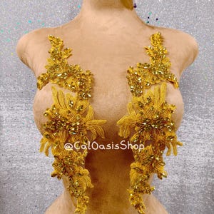 New A Pair Gold Rhinestone Bodice Applique Front for Bridal Gowns Design, Beads Rhinestone Applique Patch for Evening Party Dress