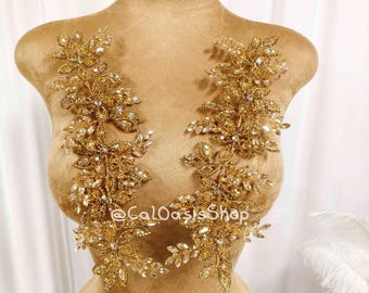 Luxury 3D Champagne Leaf Flower Rhinestone Applique Pair: Crystal Wedding Hair Embellishment Bridal Headwear