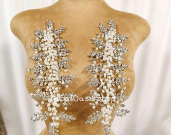 Sparkly Silver Rhinestone Pearl Floral Applique: Beaded Leaf Patch, DIY Wedding Gown, Hair Accessory
