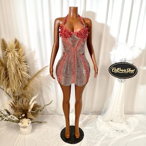 Custom Color Halter Neck Beaded Red Rhinestone Birthday Dress for Women, Party Dress Club Wear, Mini Dress for Prom Evening Ball Gown
