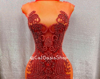 Red Rhinestone Crystal Applique Bodice: Beaded Dress Patch
