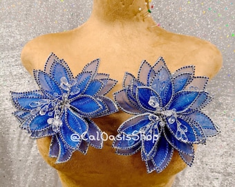 3D Royal Blue Flower Applique: Crystal Floral Dress Embellishment (2 PCS)