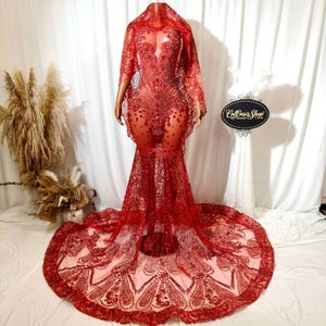 Puede incluir: Un vestido rojo largo hasta el suelo con intrincados detalles de lentejuelas y encaje. El vestido presenta un corpiño transparente y una cola dramática. Una capa a juego está drapeada sobre los hombros. El vestido se exhibe en un maniquí.