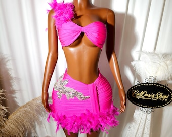 Custom Rhinestone Feather Mini Dress Set: Rose Red Birthday Outfit