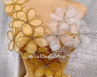 Update New Color DIY 3D Gold/Silver Floral Applique 10 Pieces, Beads Rhinestone Applique Patch for Birthday Party Dress