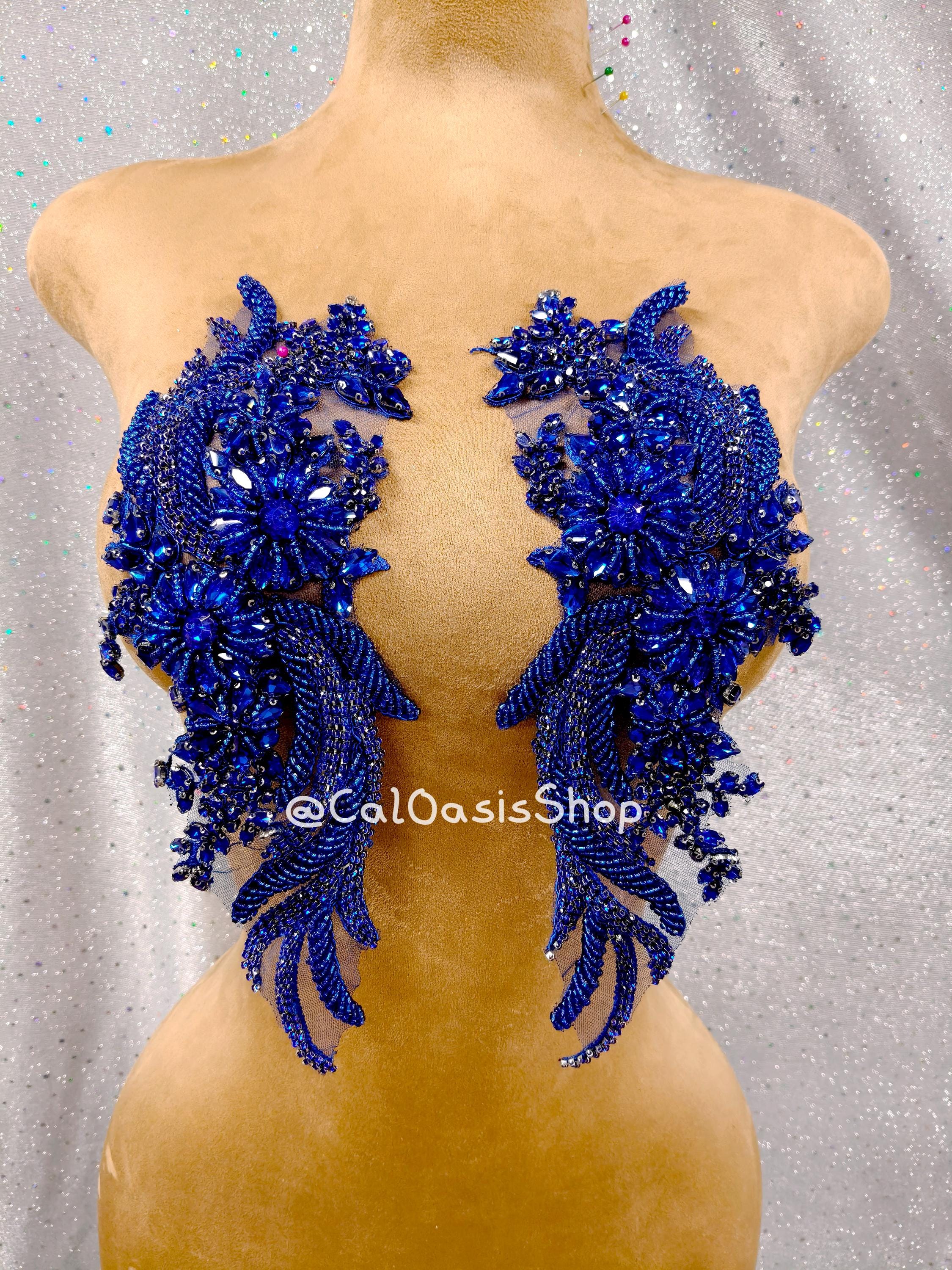 hand beaded ankle length dress in french blue Blue One Shoulder 3D Floral Beaded Ankle Dress