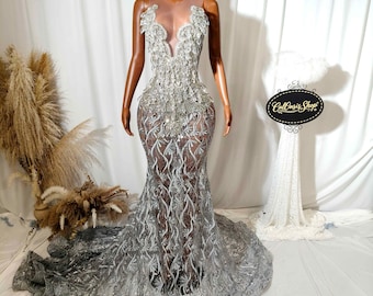 Vestidos de novia de lujo con apliques de diamantes de imitación plateados: vestido de noche brillante para fiesta.