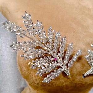 May include: A silver rhinestone embellishment in the shape of a leafy branch. The embellishment is on a brown fabric background. The text "@CaliOasisShop" is visible in the image.