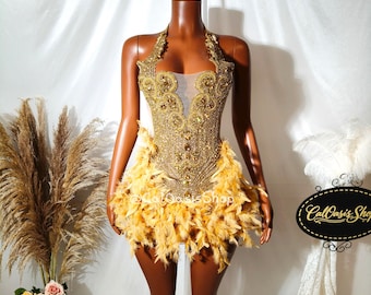 Custom Rhinestone Mini Birthday Party Dress: Halter Neck Gold Crystal Feather Club Dress,  Homecoming Gown