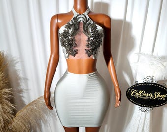 Rhinestone Mini Dress Set: Glitter Silver Two Piece Outfit