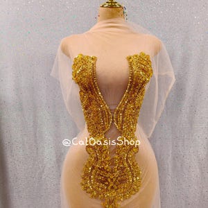 DIY Glitter Gold Rhinestone Sequin Bodice Applique Front, Beads Rhinestone Applique Patch for Birthday Ball Gown Prom Evening  Dress
