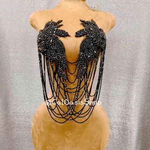 Bust Long Tassel Black Rhinestone Bodice Applique for Women Dress Embellishments, Rhinestone Applique Patch for Birthday Party Dress DIY