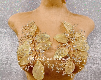 A Pair New 3D Gold Leaf Rhinestone Wire Applique, 3D Hair Embellishment for Wedding, Handcrafted Crystal Applique DIY
