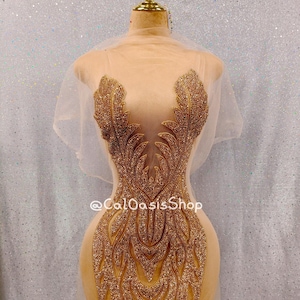 Luxury Rose Gold Rhinestone Mesh Bodice Applique Full Body Front, Beads Rhinestone Applique Patch for Ball Gown Prom Evening  Dress DIY