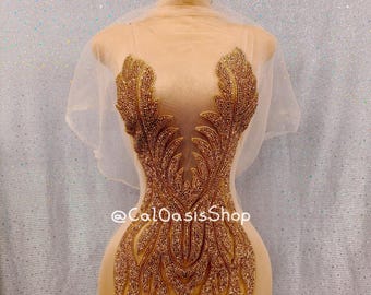 Luxury Rose Gold Rhinestone Mesh Bodice Applique Full Body Front, Beads Rhinestone Applique Patch for Ball Gown Prom Evening  Dress DIY