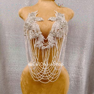 Bust Long Tassel Sliver Rhinestone Bodice Applique for Women Dress Embellishments, Rhinestone Applique Patch for Birthday Party Dress DIY