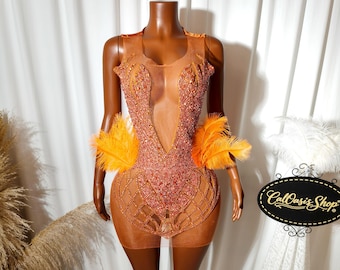 Cute Orange Rhinestone Mini Dress with Feather:  O Neck Sexy Birthday Party Dress Women Outfit