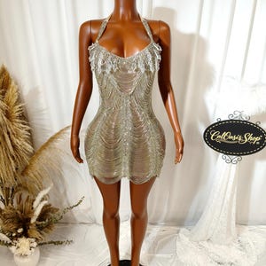 Handmade Halter Neck Silver Rhinestone Tassel Birthday Dress for Women, Party Dress Club Wear, Mini Dress for Prom Evening Ball Gown