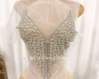 Sparkly Silver Rhinestone Bodice Applique: Bridal Gown Embellishment, Prom Dress Sewing Patch