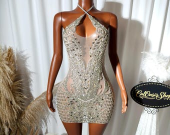 Sexy V Neck Silver Rhinestone Birthday Party Mini Dresses for Women: Luxury Short Dress