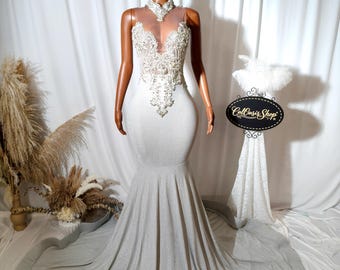 Silver Rhinestone Mermaid Gown: Handmade Couture Prom Dress