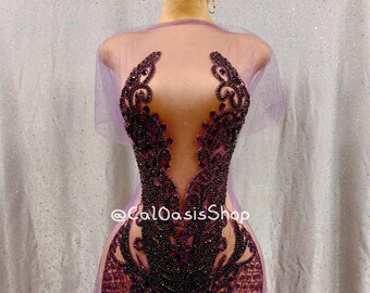 Purple Rhinestone Beaded Applique: 3D Crystal Bodice Patch