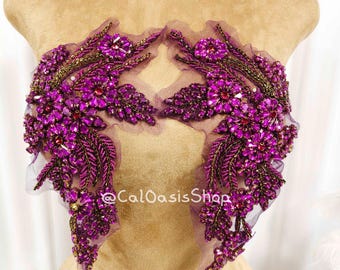 Luxury Purple Rhinestone Applique Bodice Patch Pair: Beaded Crystal Appliques Front for Dress