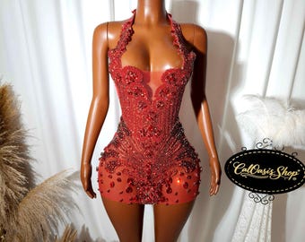 Handmade Rhinestone Halter Neck Birthday Mini Dress: Sparkly Red Crystal Ball Gown Prom Outfit