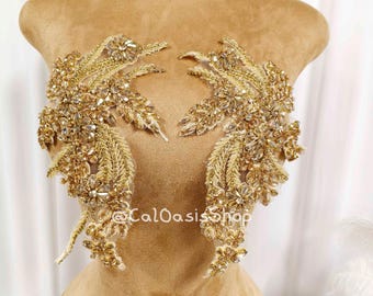 Luxury Rose Gold Rhinestone Applique Bodice Patch Pair: Beaded Crystal Appliques Front for Dress