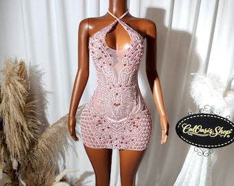 Handmade Rhinestone Mini Birthday Dress Women: Sparkly Halter Neck Pink Party Short Prom Costume