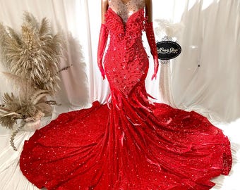 Luxury Red Beading Mermaid Sleeveless Evening Gown Red Carpet Dress With Gloves