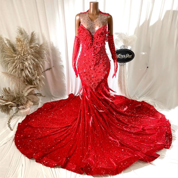 red formal dress with gloves One-Shoulder Formal Prom Dress with Gloves