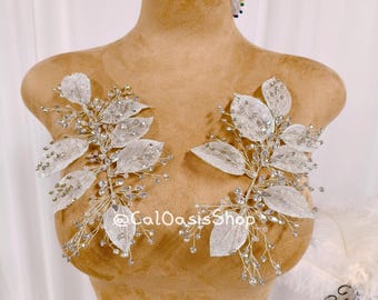 3D Silver Leaf Rhinestone Applique Pair: Crystal Wedding Hair Embellishment