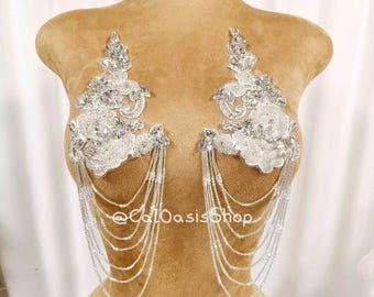 Silver Rhinestone Fringe Bodice Applique: Beaded Lace Tassel Patch, Bridal Wedding Dress DIY Embellishment