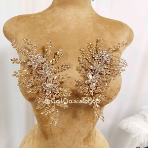 3D Rhinestone Applique Pair: Rose Gold Crystal Wire Embellishment Bridal Headwear / Dress DIY