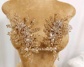 3D Rhinestone Applique Pair: Champagne Crystal Wire Embellishment Bridal Headwear / Dress DIY