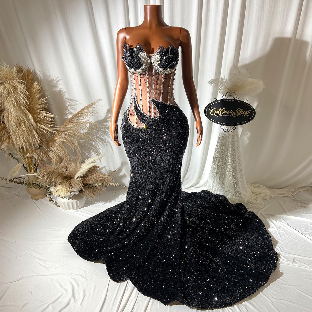 long black dress with rhinestones Luxury Black Rhinestone Beaded Maxi Dress Gown: Sparkly Glam Evening Prom  Dress for Women