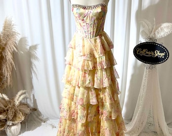 Off Shoulder Yellow Floral Corset Prom Dress, Tiered Ruffle Chiffon Gown, Sparkly Neckline Formal Evening Wedding Guest Dress